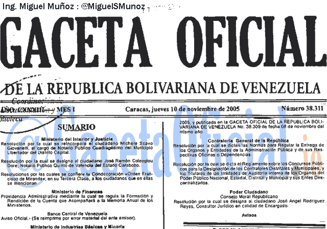 Gaceta Oficial 38311 del 10 Noviembre 2005