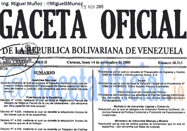 Gaceta Oficial 38313 del 14 Noviembre 2005