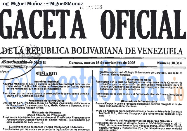 Gaceta Oficial 38314 del 15 Noviembre 2005