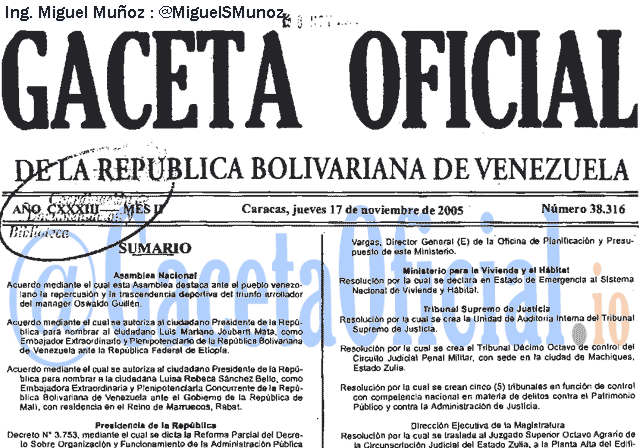 Gaceta Oficial 38316 del 17 Noviembre 2005