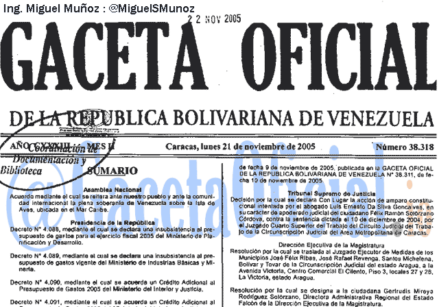 Gaceta Oficial 38318 del 21 Noviembre 2005