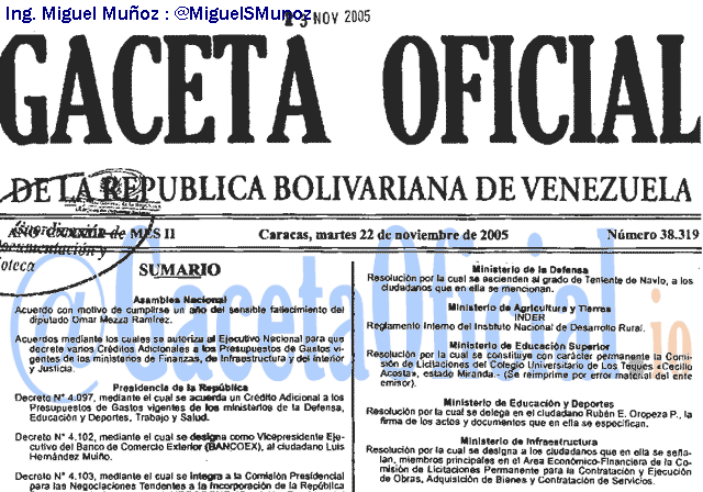 Gaceta Oficial 38319 del 22 Noviembre 2005