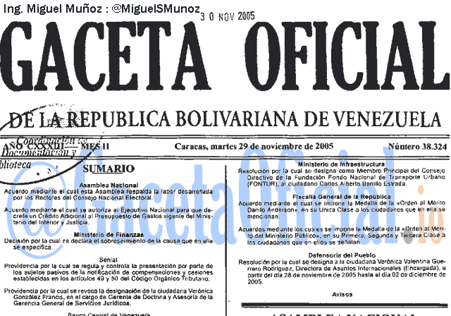 Gaceta Oficial 38324 del 29 Noviembre 2005