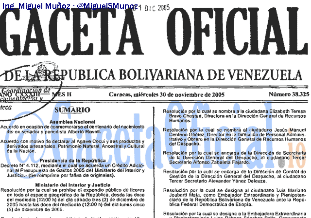 Gaceta Oficial 38325 del 30 Noviembre 2005
