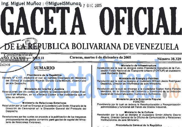 Gaceta Oficial 38329 del 6 Diciembre 2005