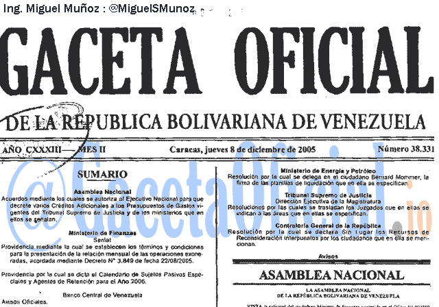Gaceta Oficial 38331 del 8 Diciembre 2005