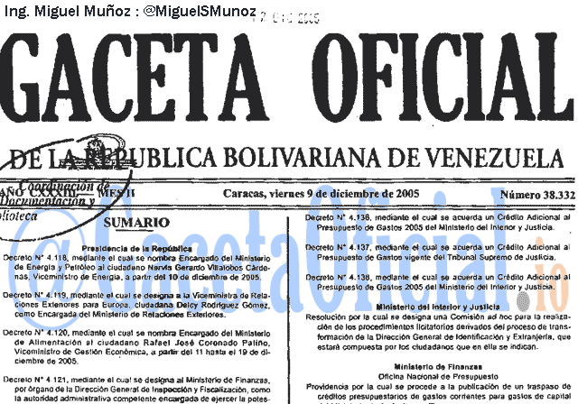 Gaceta Oficial 38332 del 9 Diciembre 2005