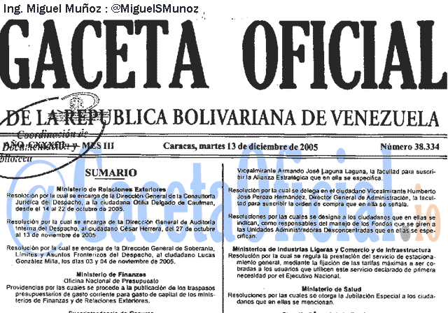 Gaceta Oficial 38334 del 13 Diciembre 2005