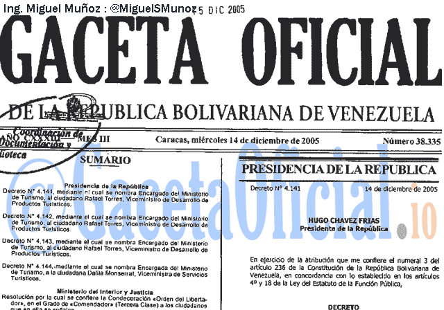 Gaceta Oficial 38335 del 14 Diciembre 2005