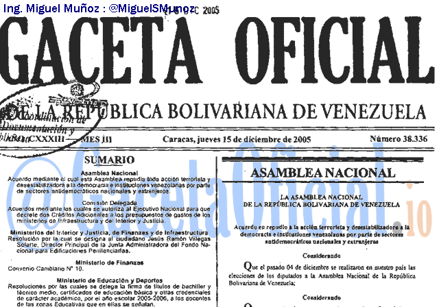 Gaceta Oficial 38336 del 15 Diciembre 2005