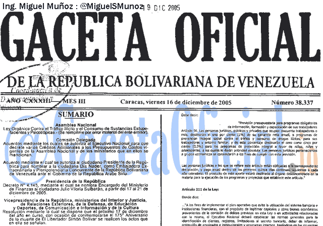 Gaceta Oficial 38337 del 16 Diciembre 2005
