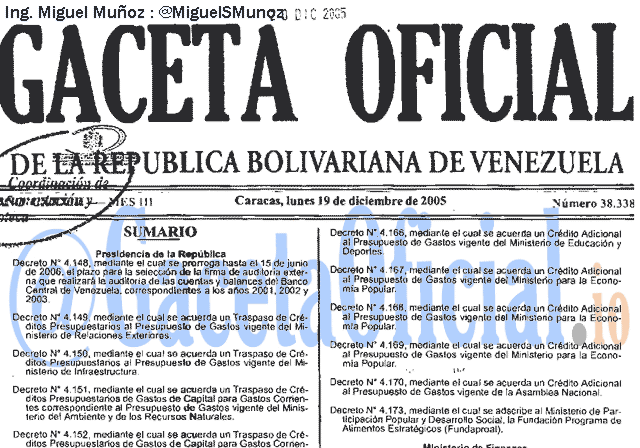 Gaceta Oficial 38338 del 19 Diciembre 2005