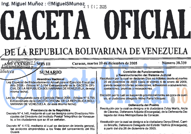 Gaceta Oficial 38339 del 20 Diciembre 2005