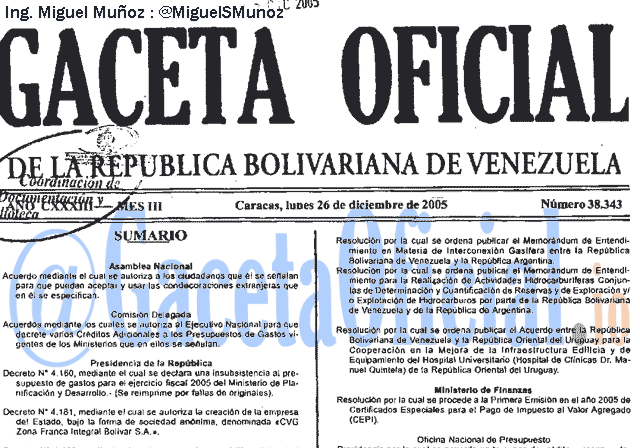Gaceta Oficial 38343 del 26 Diciembre 2005