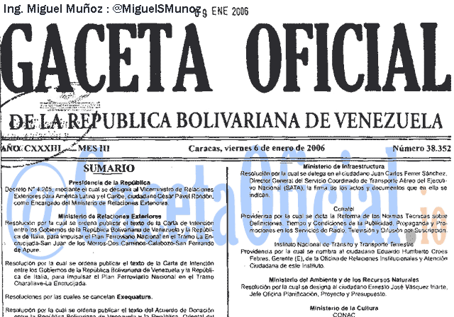 Gaceta Oficial 38352 del 6 Enero 2006