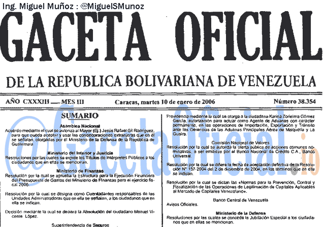 Gaceta Oficial 38354 del 10 Enero 2006