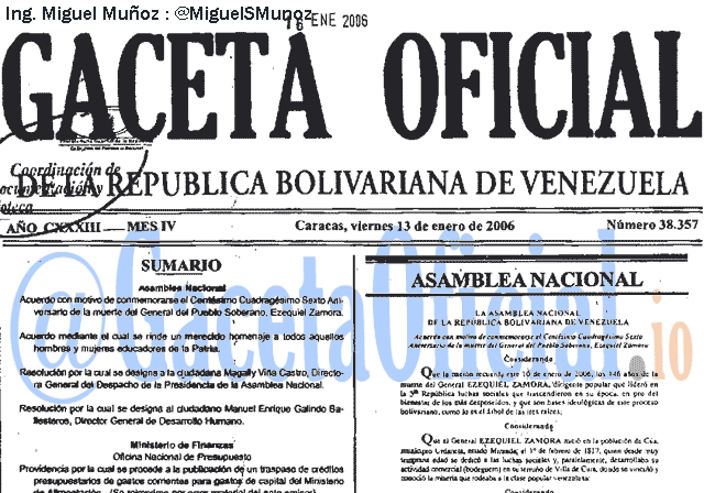 Gaceta Oficial 38357 del 13 Enero 2006