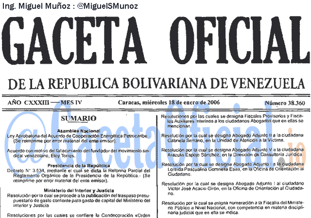 Gaceta Oficial 38360 del 18 Enero 2006