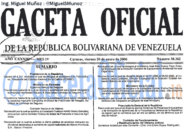 Gaceta Oficial 38362 del 20 Enero 2006