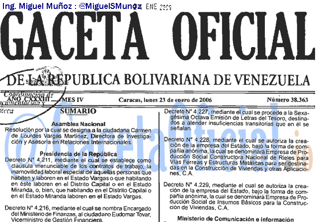 Gaceta Oficial 38363 del 23 Enero 2006