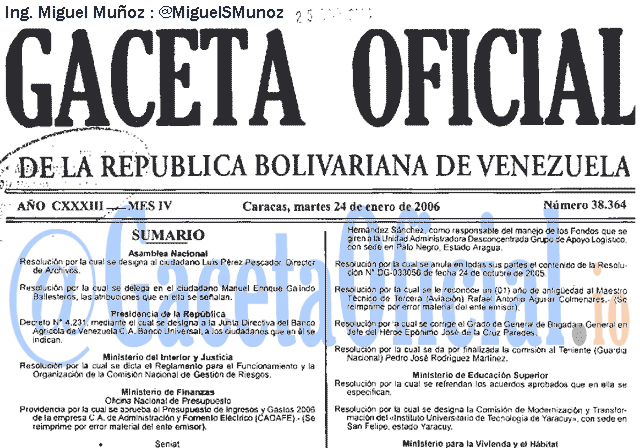 Gaceta Oficial 38364 del 24 Enero 2006