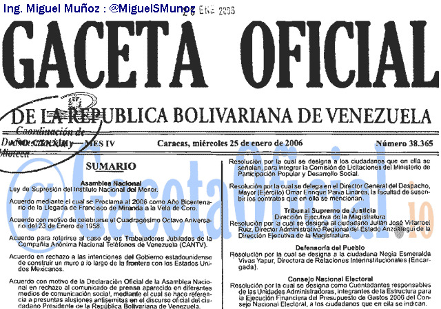 Gaceta Oficial 38365 del 25 Enero 2006
