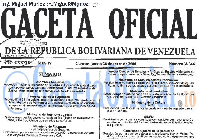 Gaceta Oficial 38366 del 26 Enero 2006