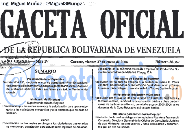 Gaceta Oficial 38367 del 27 Enero 2006