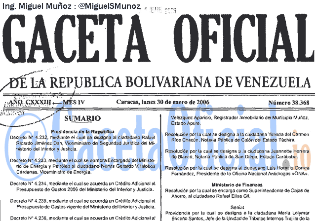 Gaceta Oficial 38368 del 30 Enero 2006
