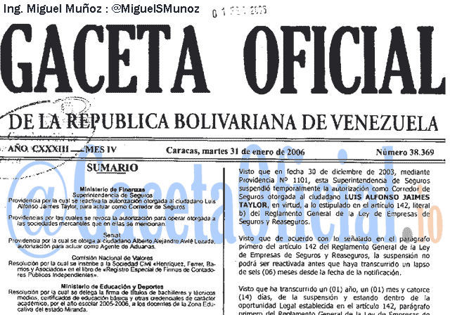 Gaceta Oficial 38369 del 31 Enero 2006