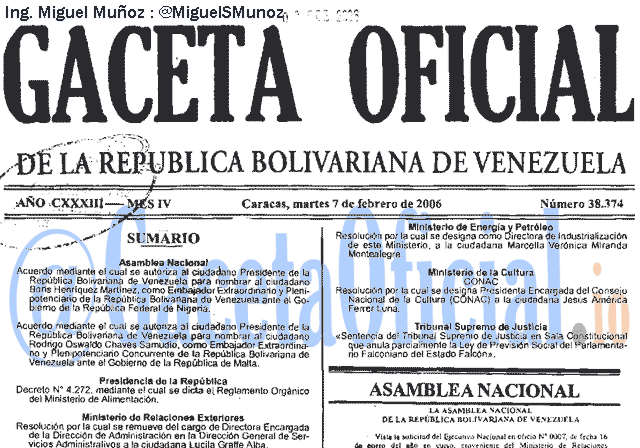 Gaceta Oficial 38374 del 7 Febrero 2006