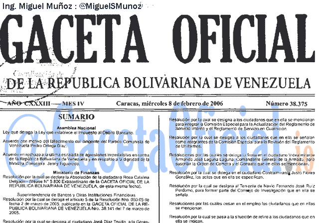 Gaceta Oficial 38375 del 8 Febrero 2006