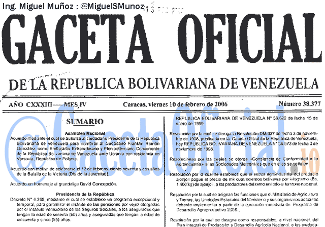 Gaceta Oficial 38377 del 10 Febrero 2006