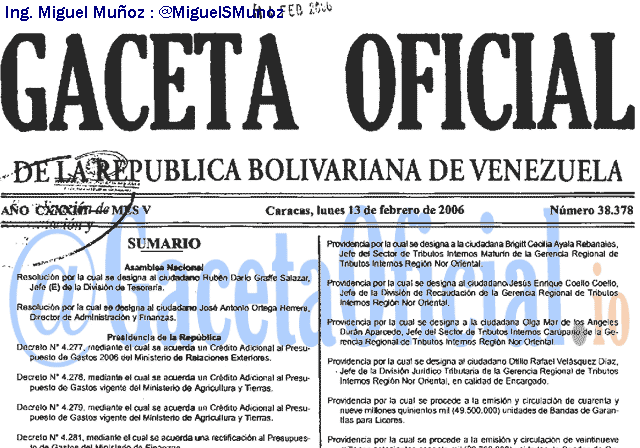 Gaceta Oficial 38378 del 13 Febrero 2006