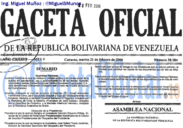 Gaceta Oficial 38384 del 21 Febrero 2006