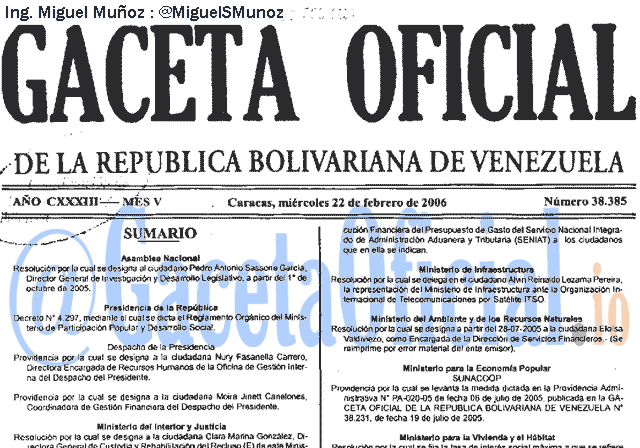 Gaceta Oficial 38385 del 22 Febrero 2006