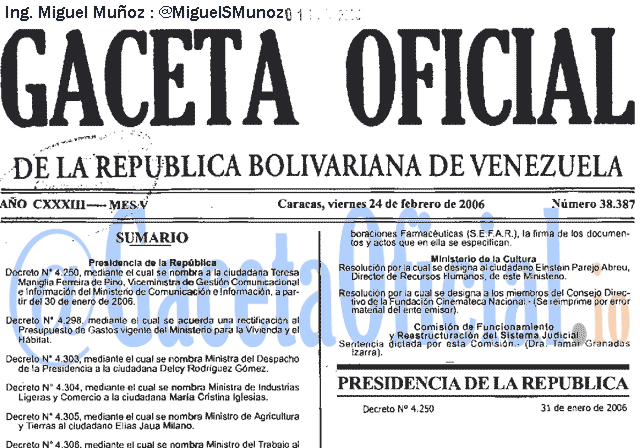Gaceta Oficial 38387 del 24 Febrero 2006