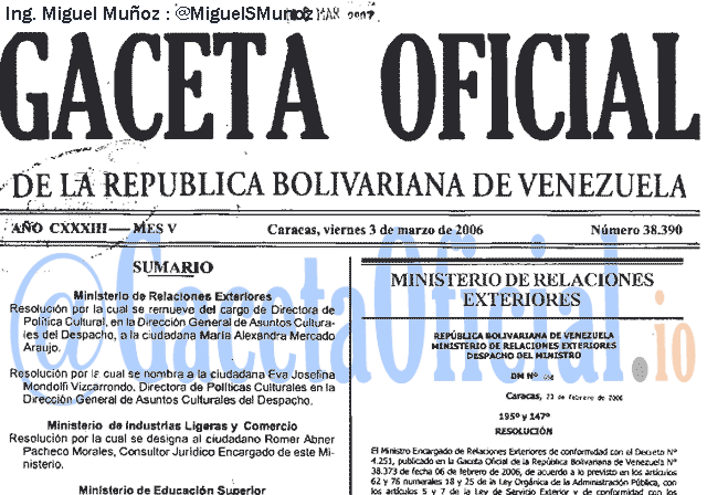 Gaceta Oficial 38390 del 3 Marzo 2006