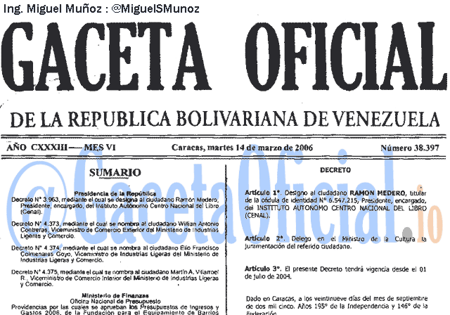 Gaceta Oficial 38397 del 14 Marzo 2006