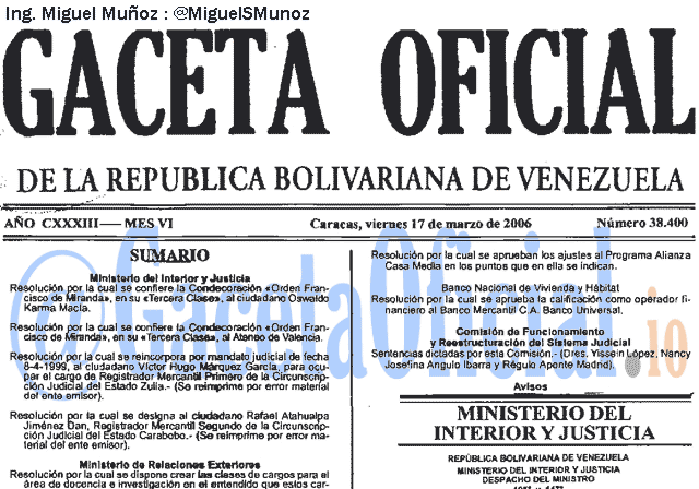 Gaceta Oficial 38400 del 17 Marzo 2006