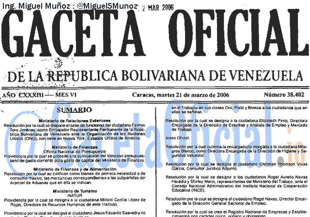 Gaceta Oficial 38402 del 21 Marzo 2006