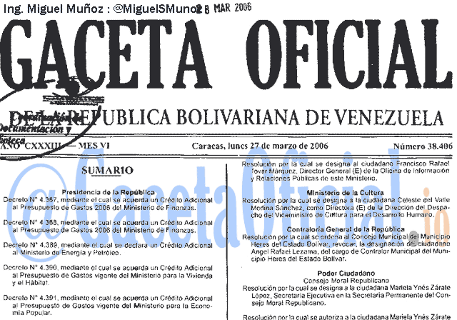 Gaceta Oficial 38406 del 27 Marzo 2006