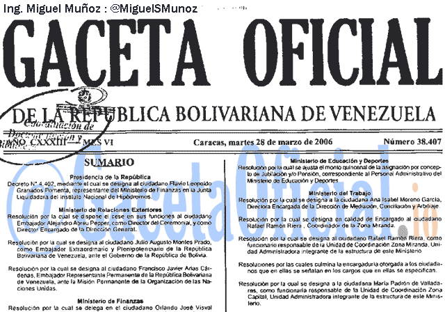 Gaceta Oficial 38407 del 28 Marzo 2006