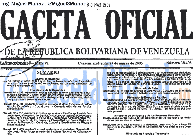 Gaceta Oficial 38408 del 29 Marzo 2006