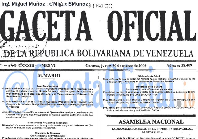 Gaceta Oficial 38409 del 30 Marzo 2006