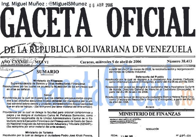 Gaceta Oficial 38413 del 5 Abril 2006