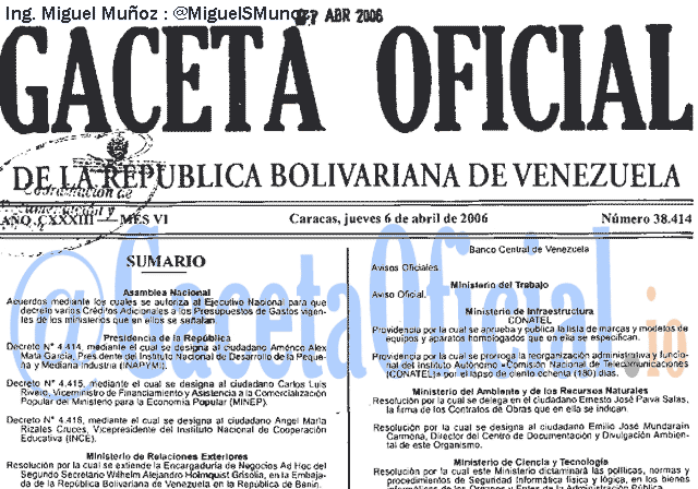 Gaceta Oficial 38414 del 6 Abril 2006