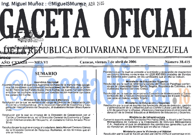 Gaceta Oficial 38415 del 7 Abril 2006