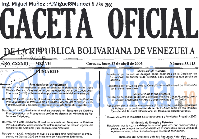 Gaceta Oficial 38418 del 17 Abril 2006