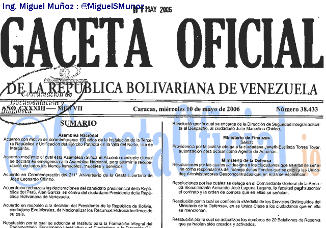 Gaceta Oficial 38433 del 10 Mayo 2006